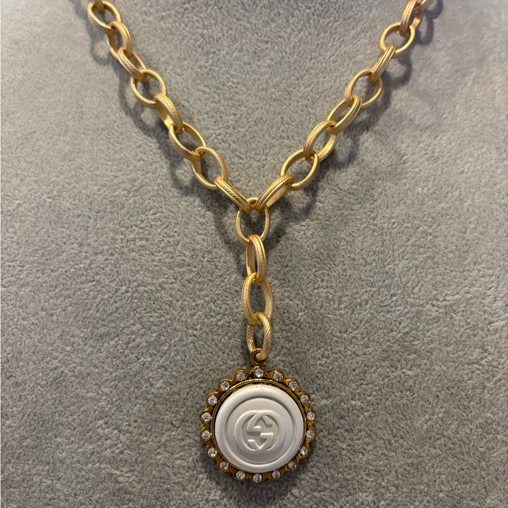 Gold tone Chain Necklace with repurposed vintage button Pendant!